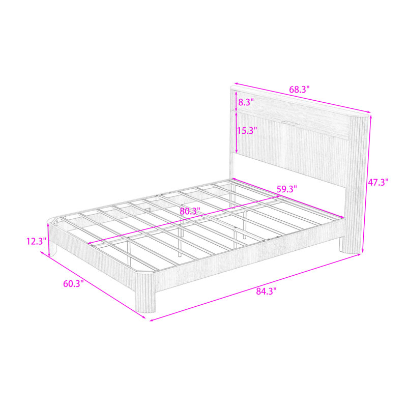 Lit plateforme en bois avec tête de rangement, station de charge USB et prise, Grand lit, Noyer