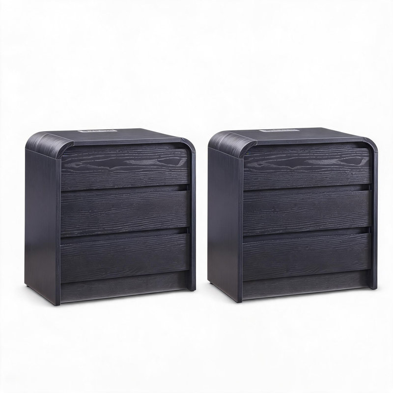 Table de chevet courbée 3 tiroirs avec prise de courant, table de chevet moderne, table de chevet 3 tiroirs, Black, 2