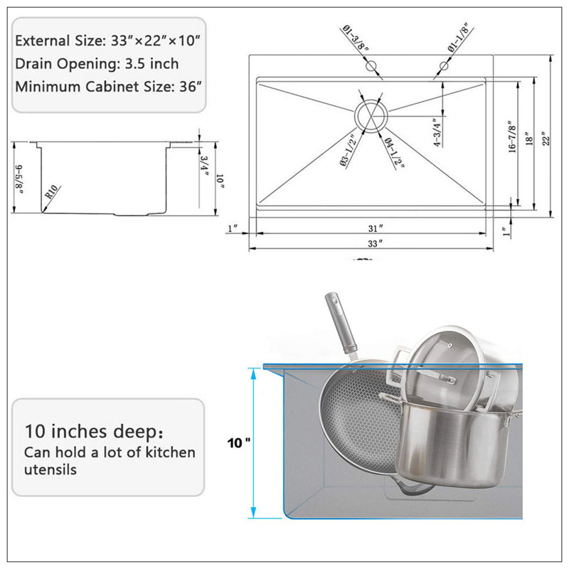 Workstation 33-Inch Drop-In 16 Gauge Kitchen Sink R10 Radius Stainless Steel Kitchen Sink Single Bowl With Intergrated Ledge & Accessories (Pack Of 5) -33"X22"X10"