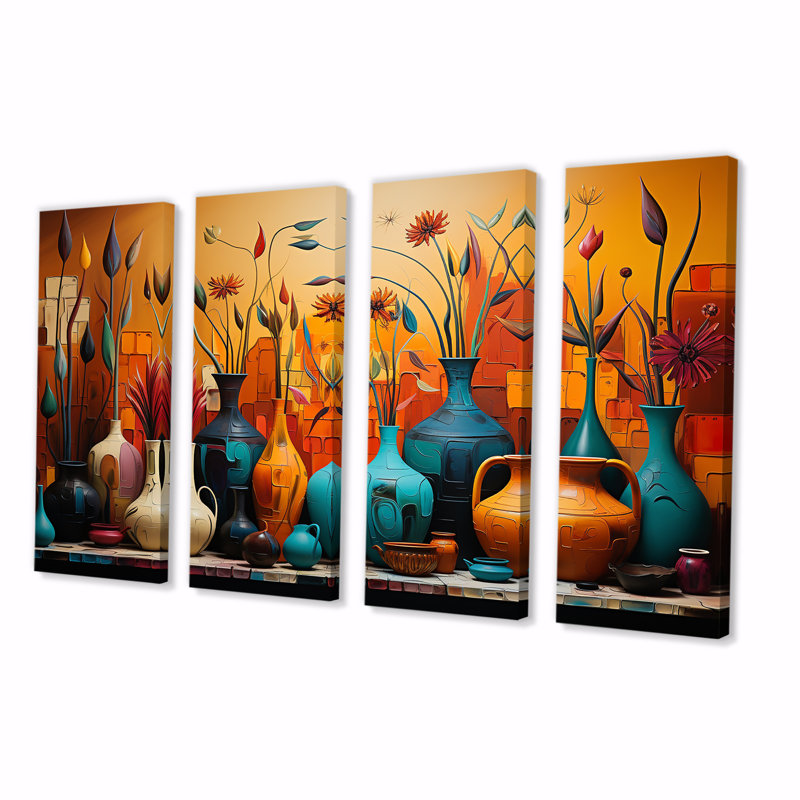 Orange Boho Pottery Expressions I - Boho Pottery, art mural 4 pièces, H 28 po x l 48 po