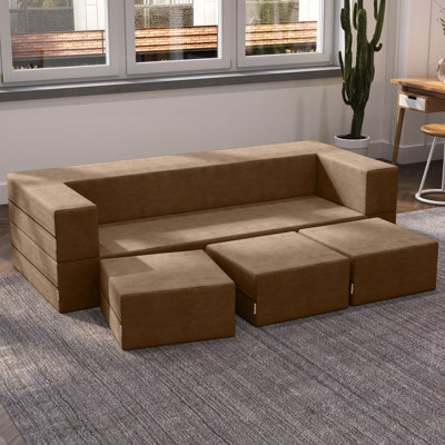 Shontae Zipline Boneless Convertible Compression Sleeper Sofa, Three Ottomans, & Pillows / California King-Size Bed, Textured Microvelvet