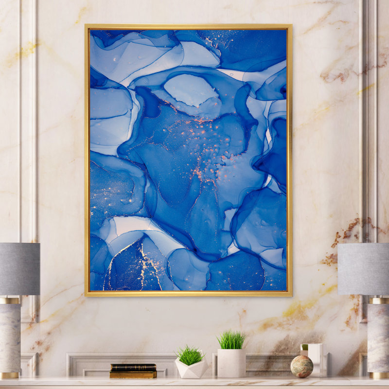 Blue Ink Clouds I - peinture sur toile, H 40 po x l 30 po x P 1,5 po, Cadre flottant doré