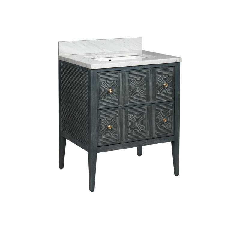 Santos 28" Center Single Bathroom Vanity with Vanity Top, Vintage Navy/Natural/Brushed Brass/Polished Nickel