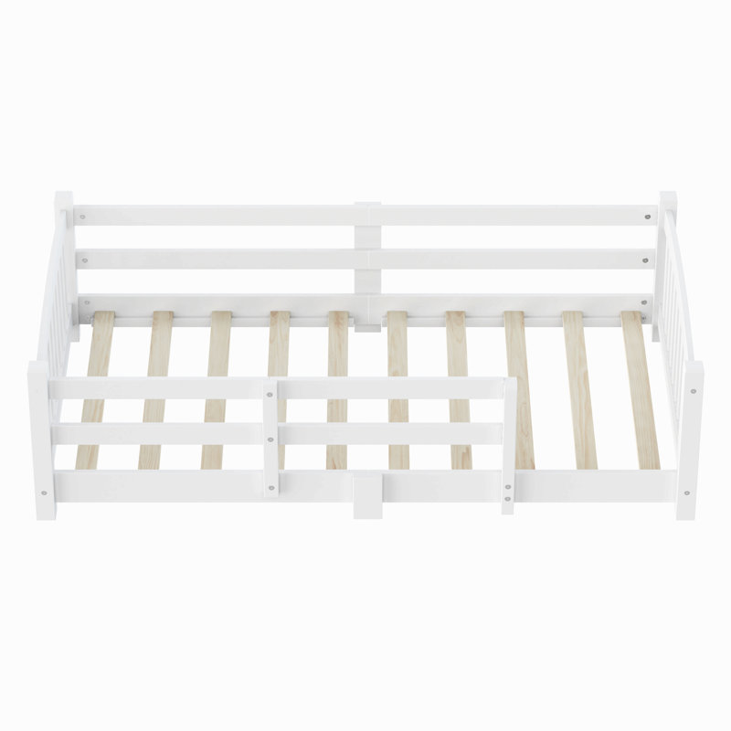 Montessori Floor Bed With Slats And Safety Guardrails, Solid Wood Floor Bed With Fence And Without Door, Twin, White