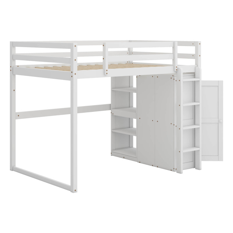 Lit mezzanine double avec lumière DEL, cadre de lit mezzanine en bois avec tablettes de rangement et garde-robe, Blanc