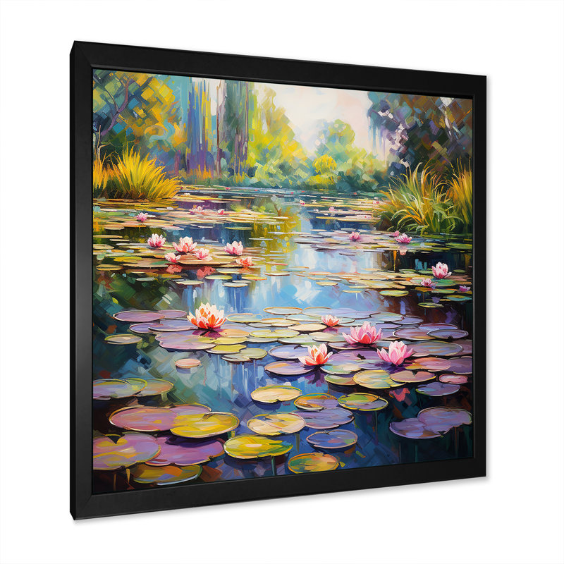 Art mural bleu et vert Monets Lake Reflections 4 - Lake, Cadre simple noir, H 16 po x l 16 po x P 1 po
