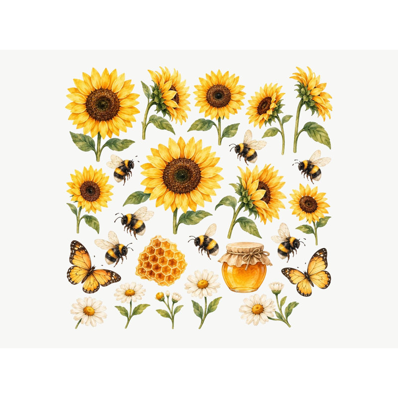 Sunflower And Bee Wall Decals, Set of 25 Peel and Stick Nursery Wall Stickers, Satin Finish Removable Kids Room Wall Art, 20"W x 20"H (50 x 50 cm)