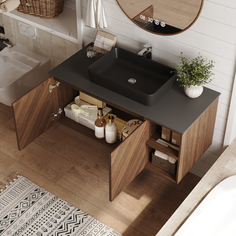 36" Modern Single Bathroom Vanity With Sink, Floating Vanites With Sintered Stone Table Top, Dark Wood, Matte Black/Grey