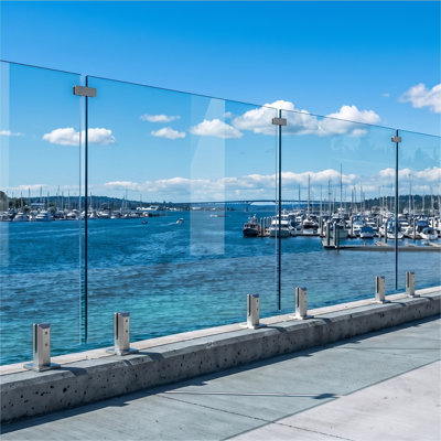 Frameless Glass Railing System Kit 221 in. to 224 in. W x 44 in. H 4 Panel-Set in Brushed Nickel, 1/2 in. Clear Tempered Glass with 2205 Marine Grade Stainless Steel Posts
