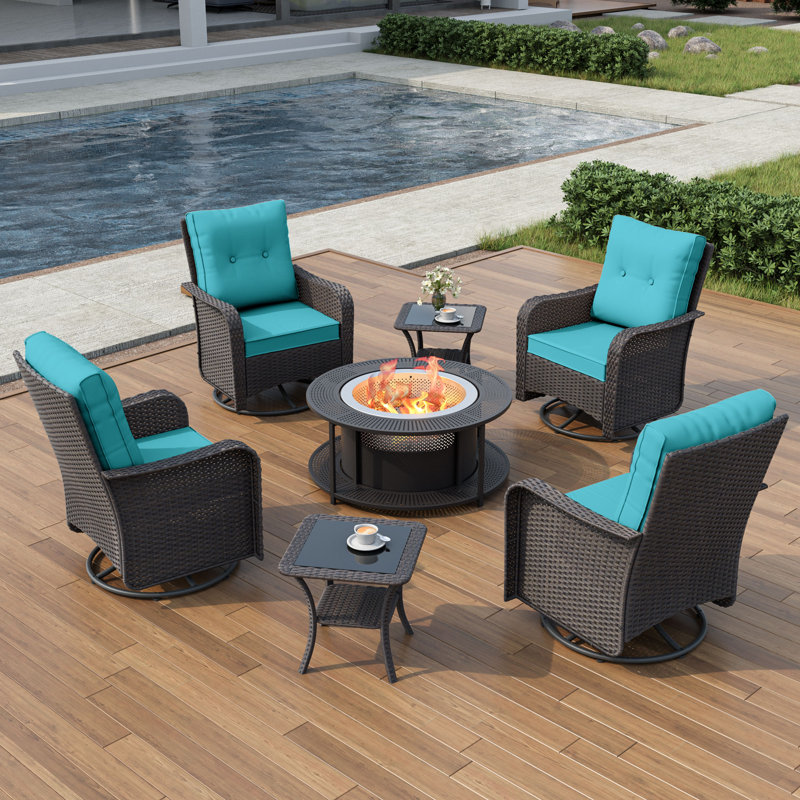 Elyes 4-Person Rocking Swivel Rattan Chair Set With Coffee Table And Outdoor Smokeless Fire Pit, Teal