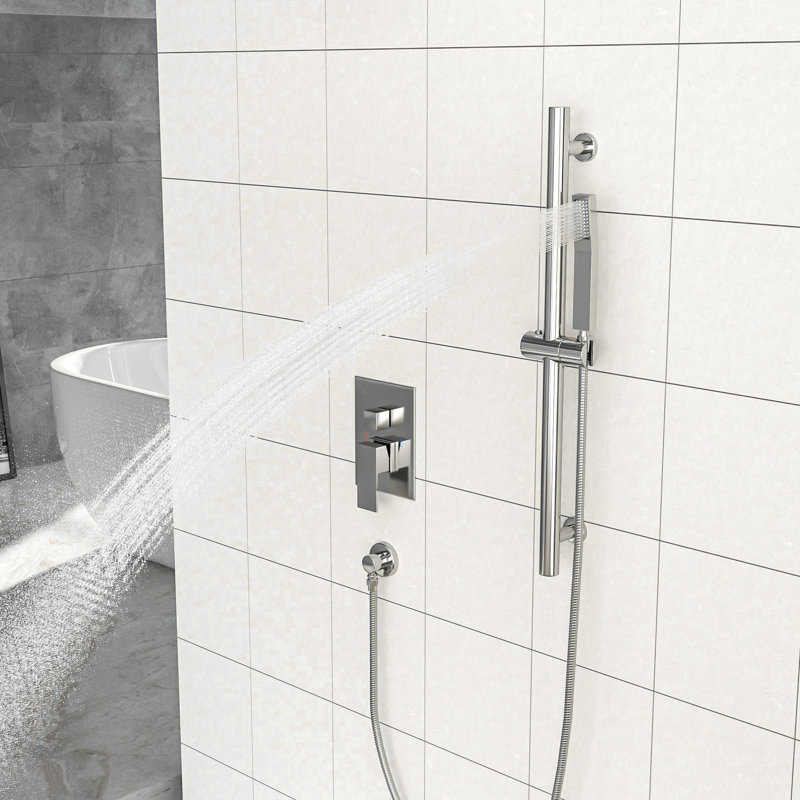 Brushed Nickel Shower With 12 Inch Square - Adjustable Slide Bar, -balanced Valve & Handheld Accessory Wall Mounted In Part