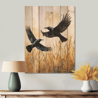 Dark Crows In The Cornfield III - Bird Wood Print - On Natural Pine Wood