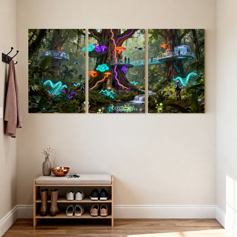 Fantaisie et science-fiction, forêt, néons, pont, arbres, cascade, lueur, ensemble de 3 impressions sur toile