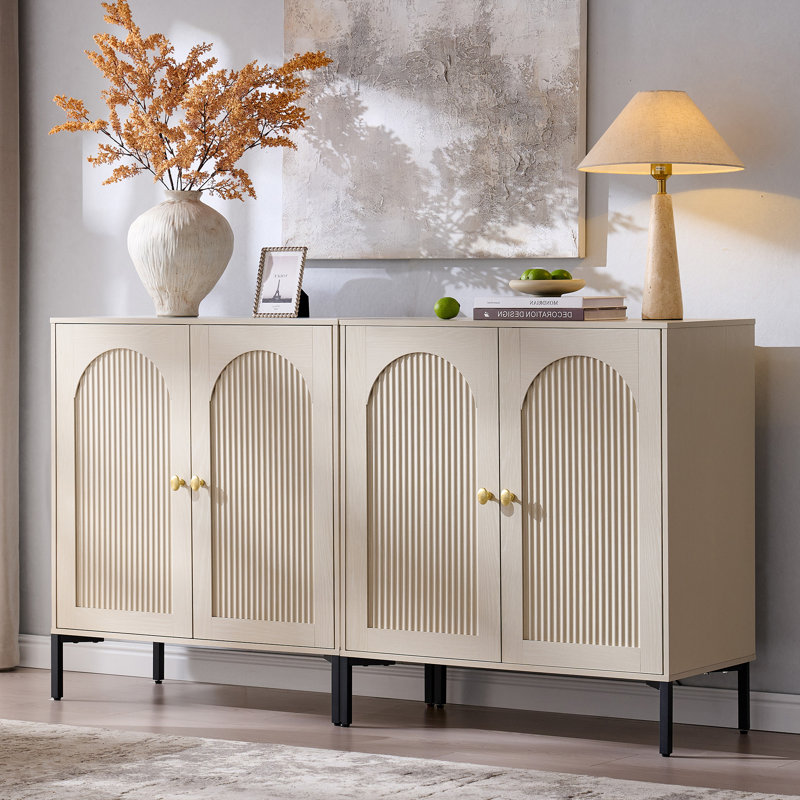 Buffet moderne cannelé avec rangement, Crème, 2, H 34 po x l 61,76 po x P 15,75 po