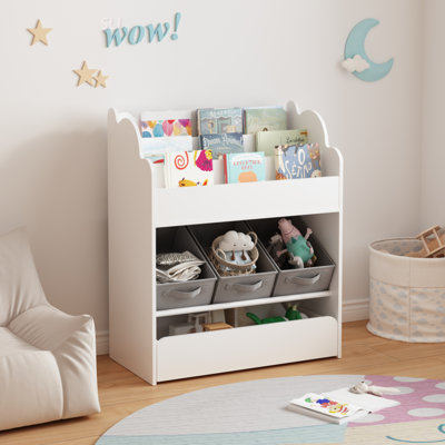 Kids Wooden Bookshelf With Storage Bins, Drawer, And Shelves For Toys, Books, And Nursery Room Organization by Latitude Run