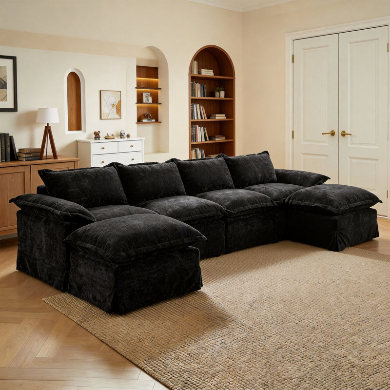 Boneless Modular Sectional Sofa, Double-Layer U-Shaped Cushion Cloud Comfort Couch, Black, 30" H x 157.48" W x 41.73" D