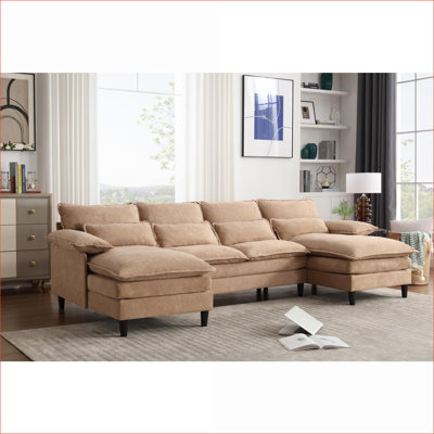 Sectional Sofas | Modern U Shaped Modular 4 Seater, Terrycloth Chaise Lounge for Living Room | Tan Brown | Polyester
