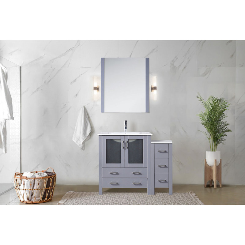 Meuble-lavabo gris foncé de 107 cm de large, armoire latérale, comptoir en céramique blanche, miroir de 71 cm, fermeture amortie, cinq tiroirs et un tiroir intérieur anti-rayures, mécanisme de fermeture, rangement, dessus