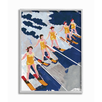 Retro Waterski Women Blue Yellow Watercolor Painting Gray Farmhouse Rustic Oversized Framed Giclee Texturized Art by Stellar Design Studio