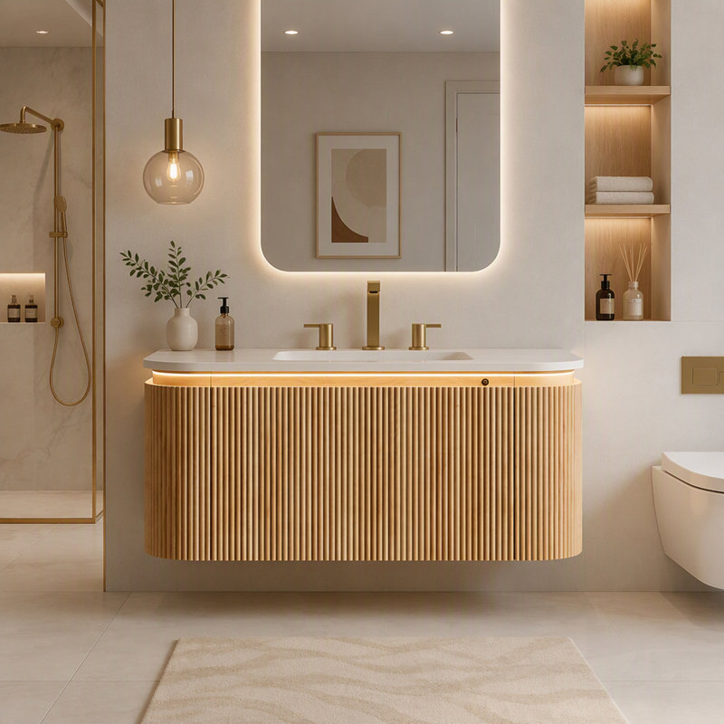 Meuble-lavabo flottant avec lavabo intégré chaud, éclairage à DEL activé par capteur, armoire à grain de bois rayé, tiroir à fermeture en douceur et surface en pierre frittée pré-assemblée.