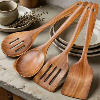 Premium Teak Wooden Utensil Set, 4-Piece Natural Wooden Spoons And Spatulas For Nonstick Cookware, Heat Resistant Kitchen Cooking Tools With Ergonomic Handles