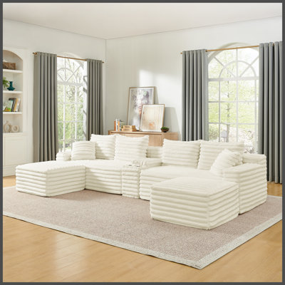 Canapé modulaire de 127 po Cloud Couch, modulaire avec porte-gobelet, 2 repose-pieds et ports USB, canapés en os en velours côtelé sans os, canapé dans une boîte, aucun assemblage requis, canapé beige pour le salon
