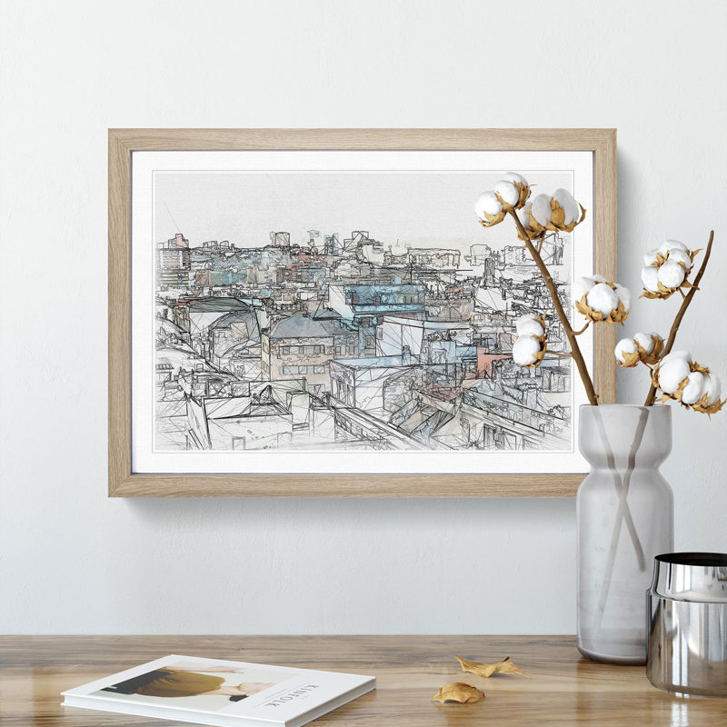 Rooftop View of Gran Canaria Sketch - Picture Frame Graphic Art Print, 45cm H x 63cm W x 2cm D, Oak Framed