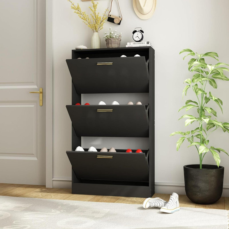 Rangement à chaussures étroit, armoire à chaussures pour le vestibule avec 3 tiroirs rabattables, rangement à chaussures dissimulé en bois, range-chaussures autoportant pour couloir, chambre à coucher, appartement, blanc