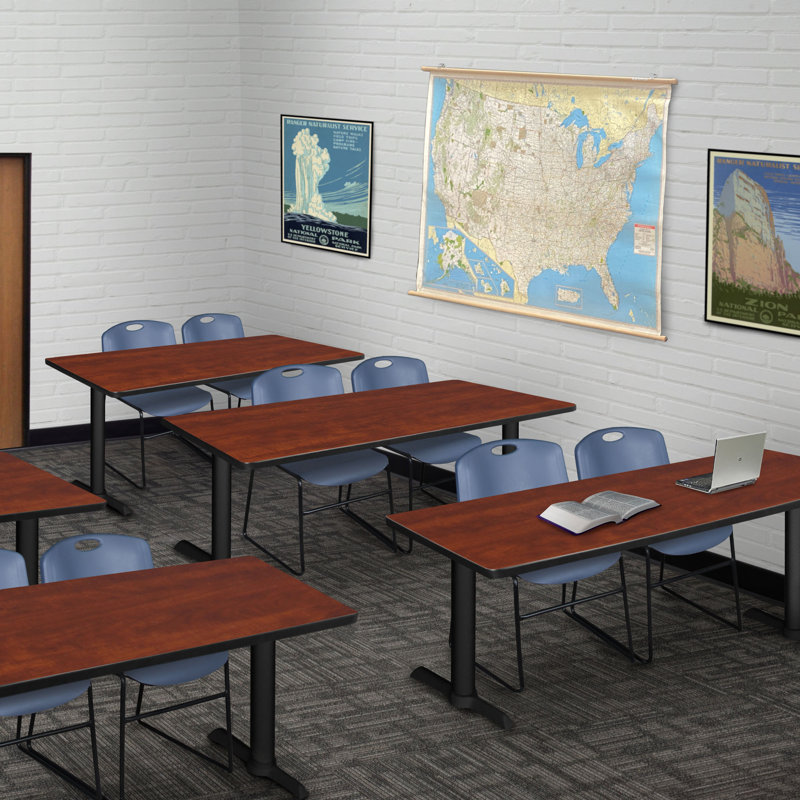 Neyland Cain T-Base training table and 2 Zeng stackable chairs, Cerisier, Bleu, L 60 po x P 24 po