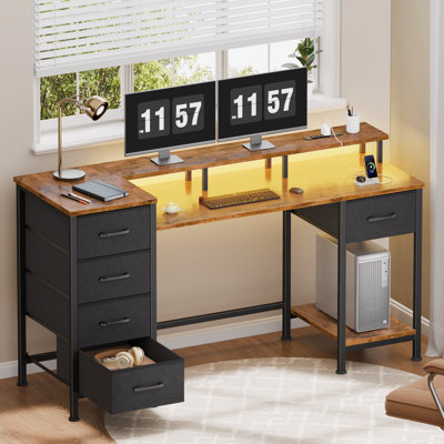 Computer Desk with Monitor Stand & Charging Station, Gaming Desk with LED Lights & Drawers