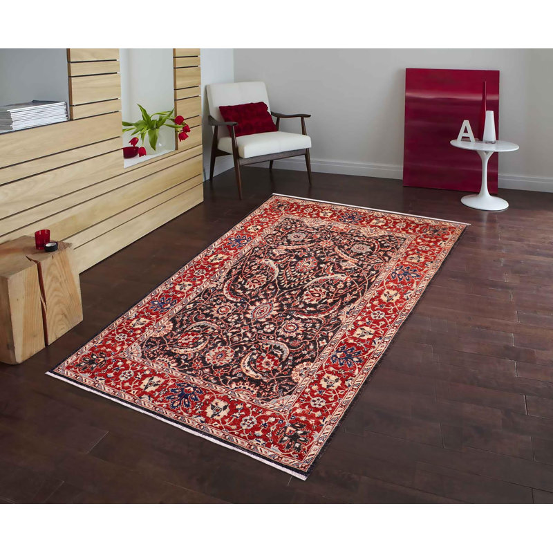 Tapis oriental noir / rouge en laine noué à la main de 5 pi 4 po x 8 pi 1 po Dorn