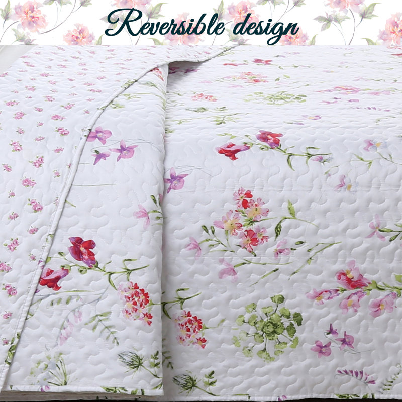 White Floral Microfiber Reversible Queen Quilt Set