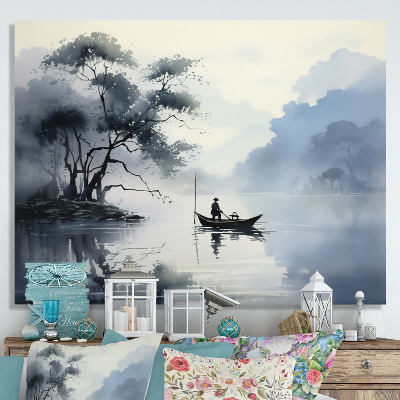 «Asian Art Ink Lake II», art mural asiatique, H 16 po x l 32 po x P 1 po, Toile tendue