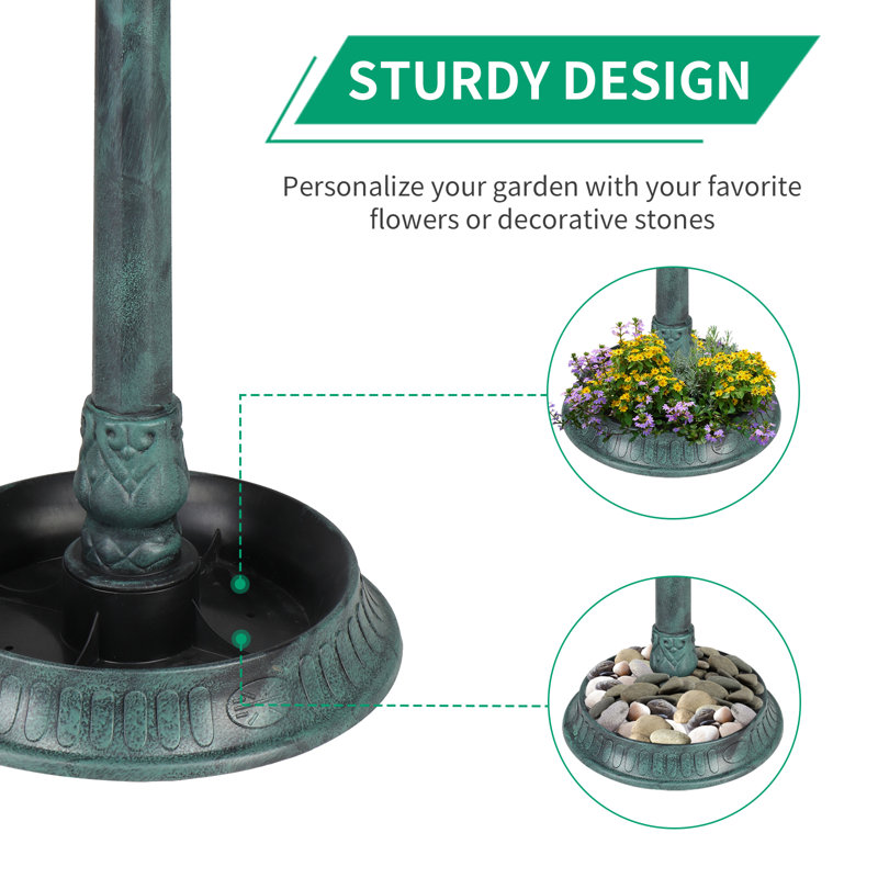 Green Plastic Birdbath with Solar Light and Stand