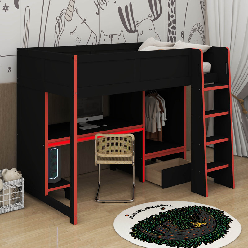 Lit mezzanine avec bureau et garde-robe Gaming, Lit simple