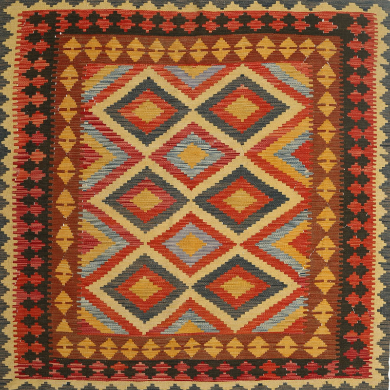 Tapis brun/gris/rouge contemporain, Carré 3 pi