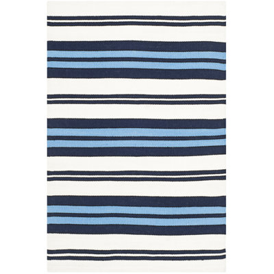 Racing Point Hand Knotted Striped Area Rug in Terry White/French Blue