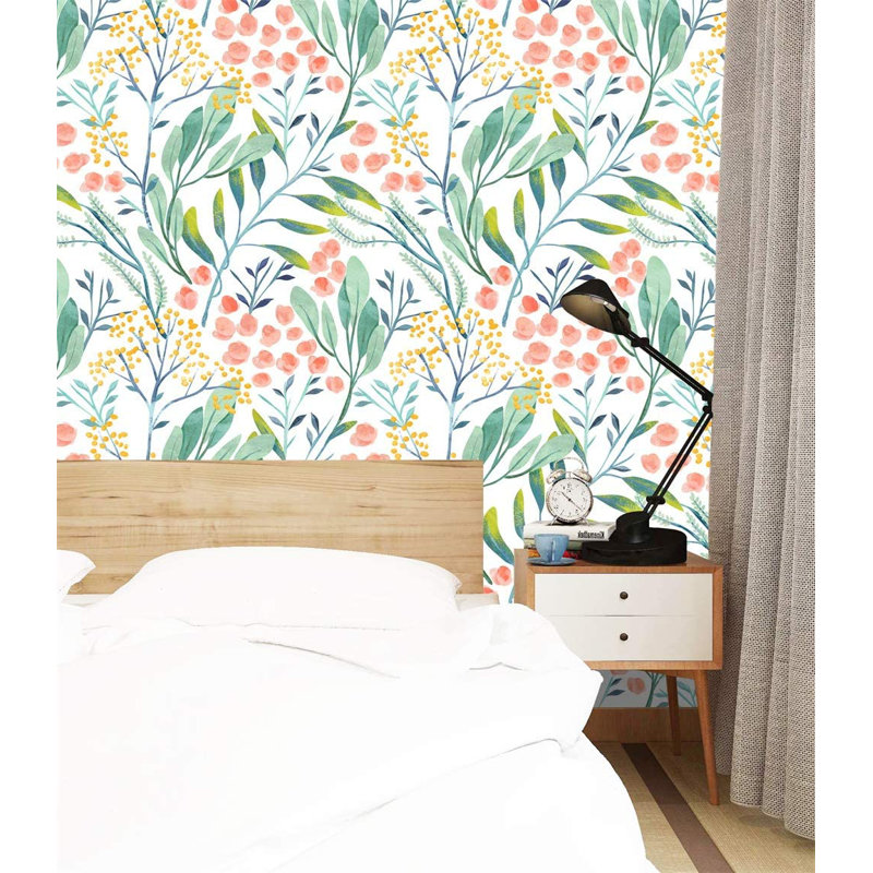 Red Barrel Studio® 93029 Papier peint adhésif auto-adhésif en vinyle à motif floral forêt / vert / rose amovible 17,7 po x 9,8 pi