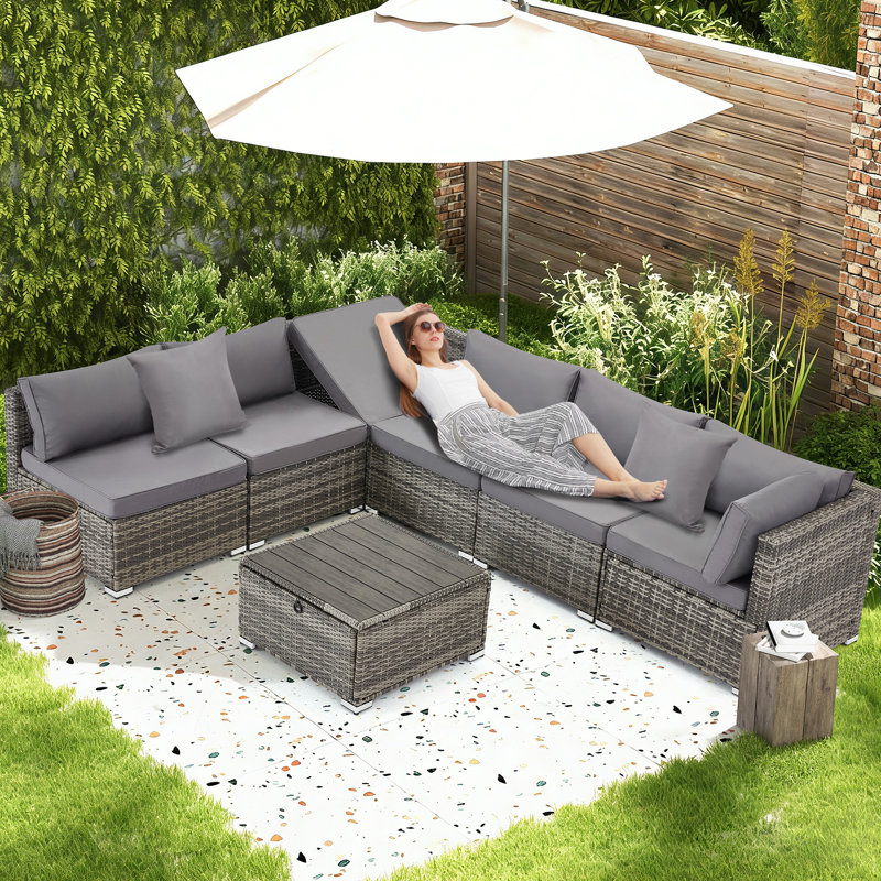 7 Pieces Outdoor Patio Set with WPC Coffee Table, Gray/Gray