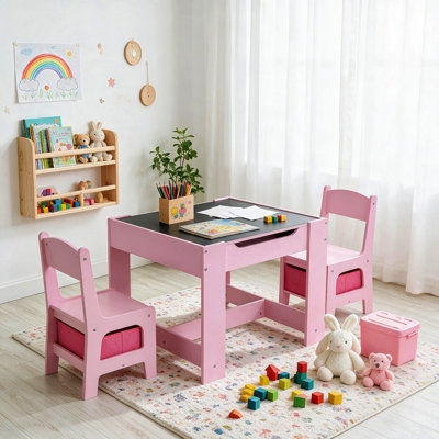 Kids Table and Chair Set, 4 in 1 Wooden Children Activity Table w/Storage, Reversible Deskboard, Blackboard, Detachable Tabletop for Toddlers Art Crafts, Playroom, Drawing, Reading Natural(pink)