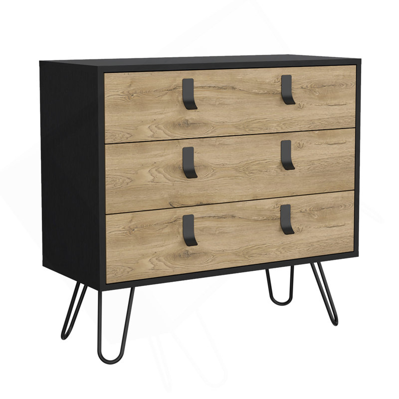Commode H 29 po, commode 3 tiroirs, commode moderne avec pieds en épingle et détails métalliques, noir / macadamia