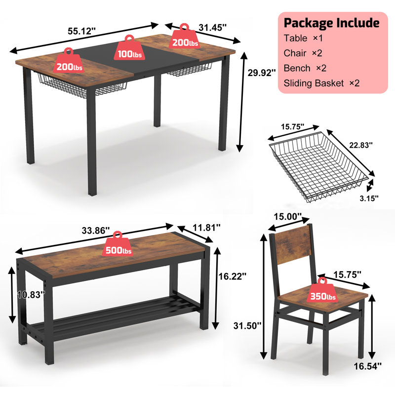 Ensemble de table de salle à manger 6 personnes avec paniers et bancs coulissants