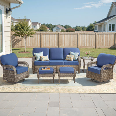 6-Piece Premium Outdoor Rattan Set, 1 PE Wicker 3-Seater Sofa, 2 Swivel Rockers With Thickened Cushions, 2 Multi-Function Ottomans & Tempered Glass Side Table For Patio, Garden, Poolside & Backyard