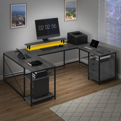  Bureau en U avec prises de courant et lumières DEL, bureau d'ordinateur réversible avec tiroirs et tablettes de rangement
