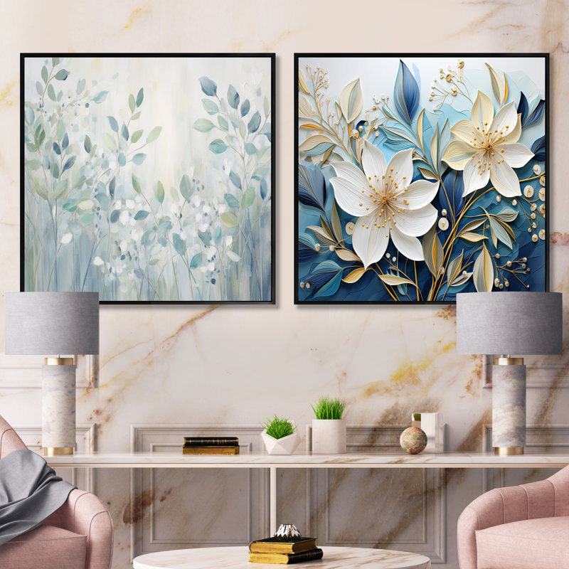Bluie Botanical Rhythms - Ensemble de 2 collages carrés botaniques abstraits, Cadre flottant noir, H 30 po x l 61 po