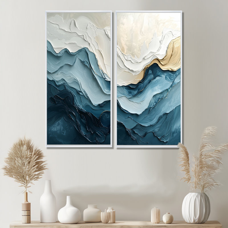 Marbre blanc et bleu II - art mural bord de mer doré 2 pièces, 20" H x 24" W, Impression encadrée flottante, White