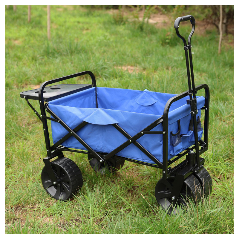 Chariot utilitaire pliable bleu avec roues tout-terrain et porte-gobelets - Chariot de jardin pliable robuste pour le camping, la plage et le magasinage