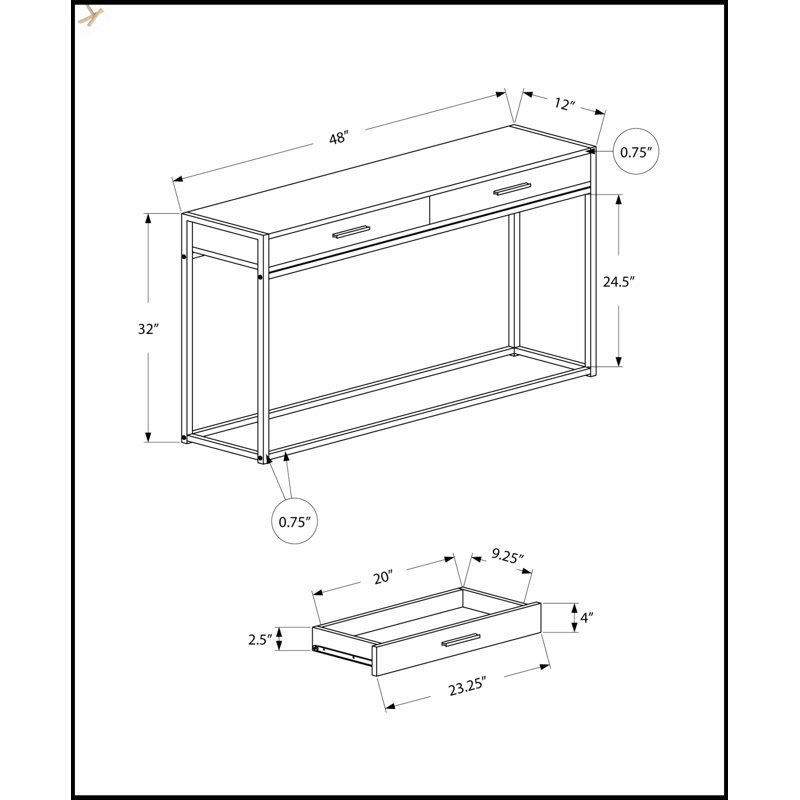 Console étroite en stratifié noir avec tiroir de rangement et base en métal durable, pour les entrées et les petits espaces.