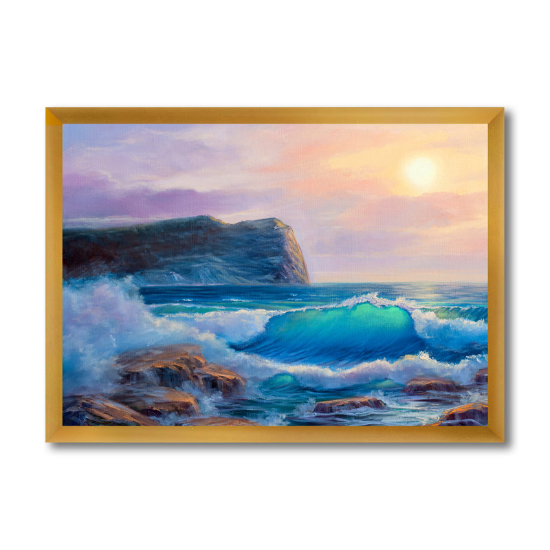 «Blue Waves Breaking At The Beach III», peinture sur toile, Cadre doré, H 24 po x l 32 po x P 1 po
