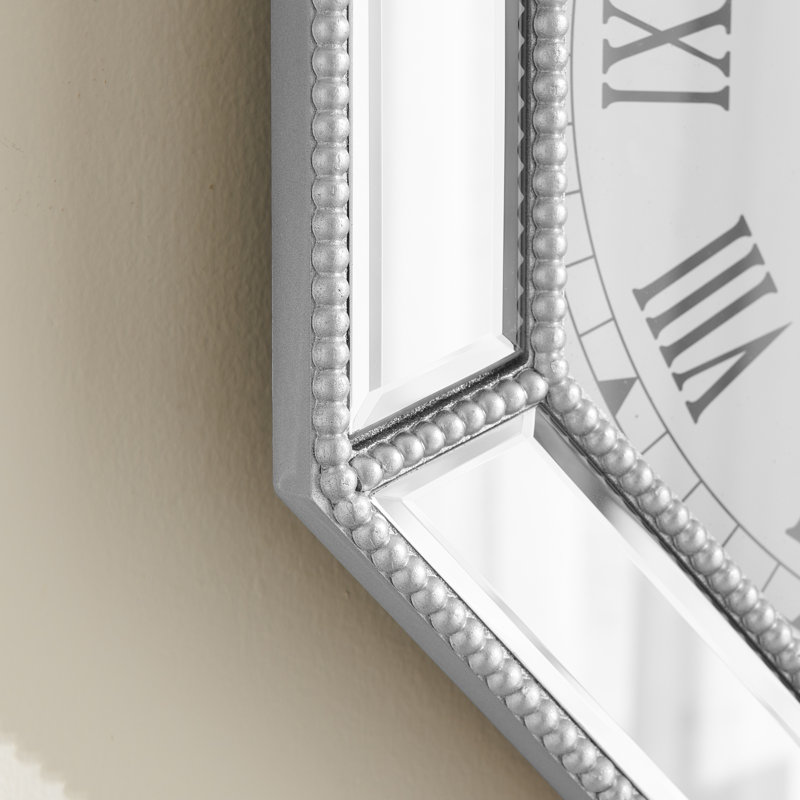 Horloge murale moderne à miroir octogonal avec bordure en verre perlé argenté, 17,7 pouces | Idée de cadeau